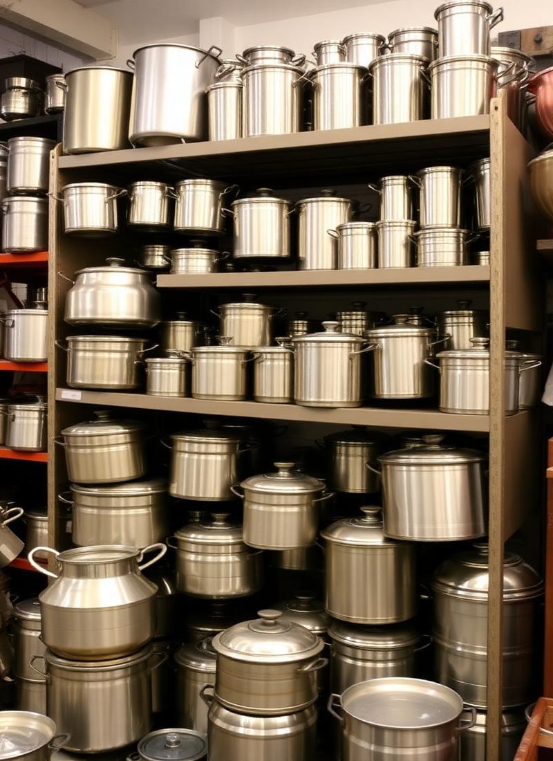 Shelves stacked with steel pots