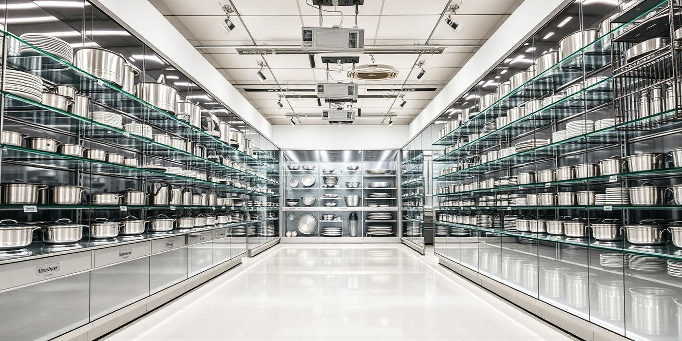 Showroom aisle with steel vessels