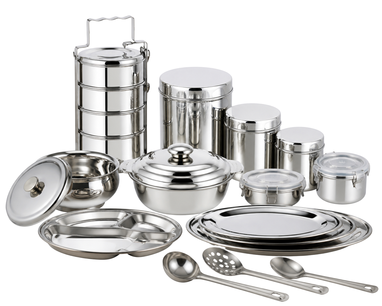 Wide range of stainless steel vessels, tiffin boxes and serveware
